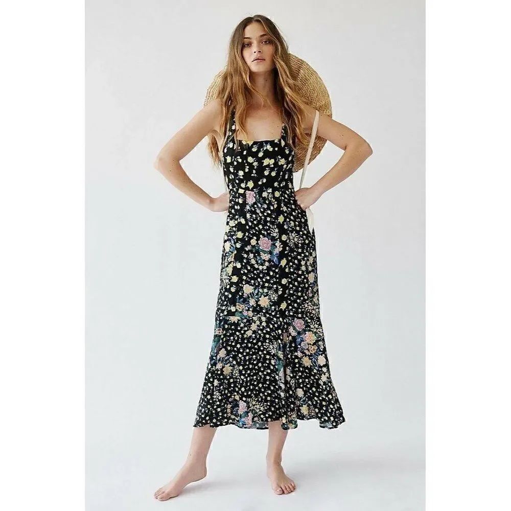 NEW FREE PEOPLE Sz 6 VALENTINA DRESS SATIN PRINTED MIDI DRESS  IN BLACK
